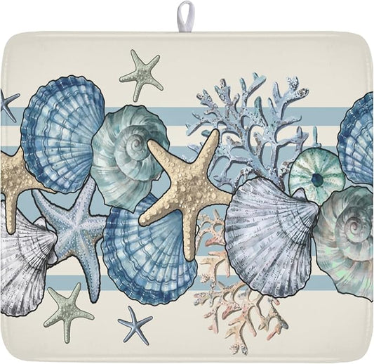 Nautical Coastal Dish Drying Mat for Kitchen Counter Summer Beach Seashell Starfish Microfiber Dish Drainer Mat Ocean Blue Pattern Absorbent Washable Drying Pad Extra Large 16"x18"