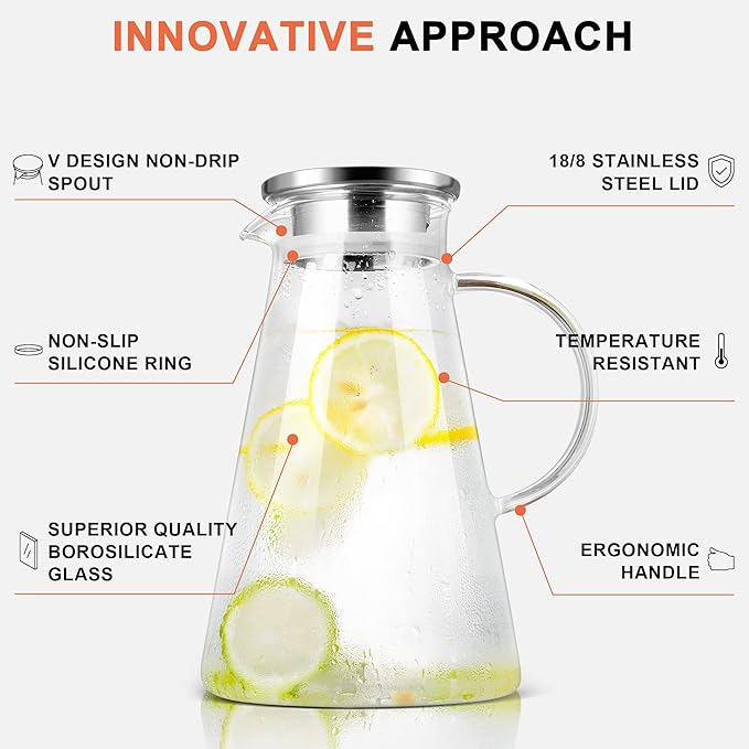 SUSTEAS 2.0 Liter 68oz Glass Pitcher with Lid, Easy Clean Heat Resistant Glass Water Carafe with Handle for Hot/Cold Beverages - Water, Cold Brew, Iced Tea & Juice, With 1 Long-Handled Brush Included - Image 3