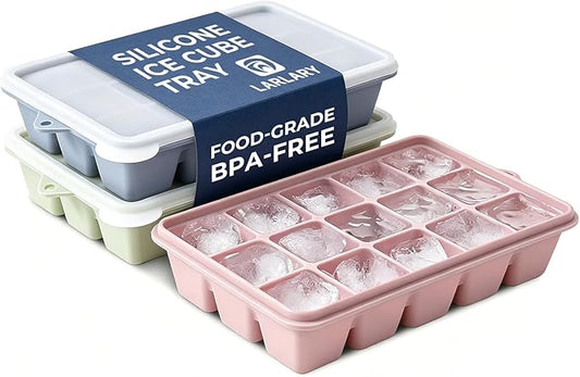 Silicone Ice Cube Trays with Lids 3-Pack, 15-Cavity Ice Tray Set for Freezer, Easy-Release BPA-free Ice Cube Mold for Whiskey, Coffee, Cocktails and More (3, Green+Blue+Pink) by Larlary