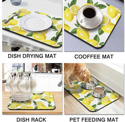 Dish Drying Mat for Kitchen Counter 2 Pack with Non-Slip Rubber Backing - Heat-Resistant Absorbent Coffee Bar Mat, Dish Rack Mat, Lemon Dish Drying Mats 18x24+19.5x12 inch