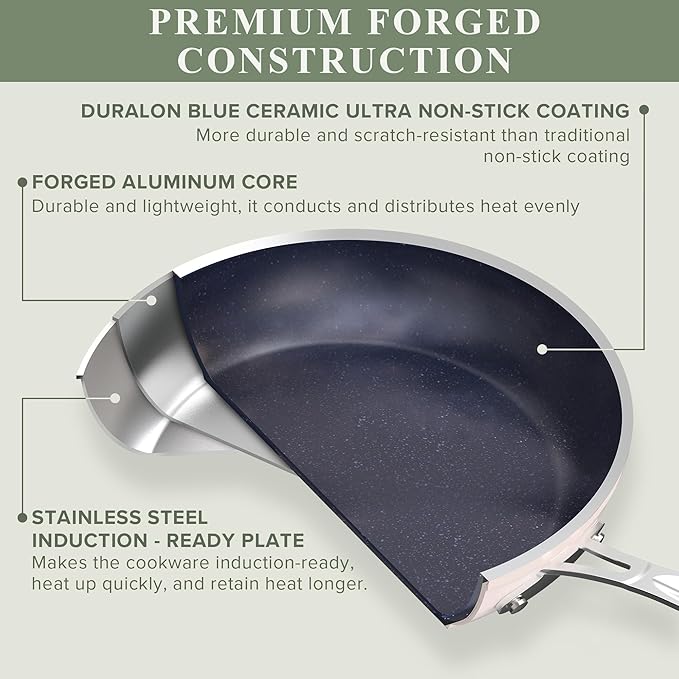 Nuwave Healthy Duralon Blue Ceramic Nonstick Cookware Set, Diamond Infused Scratch-Resistant, PFAS Free, Dishwasher & Oven Safe, Induction Ready & Evenly Heats, Tempered Glass Lids & Stay-Cool Handles - Image 2