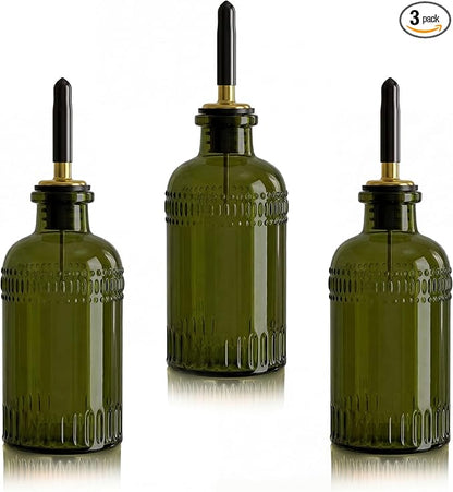 3 Pack Olive Oil Dispenser 7oz, Olive Green Glass Bottle with Metal Spout and Lid, Vinegar Cruet Kitchen Small Oil for Cooking, Salad, Baking (Elegant) by Yiyiring