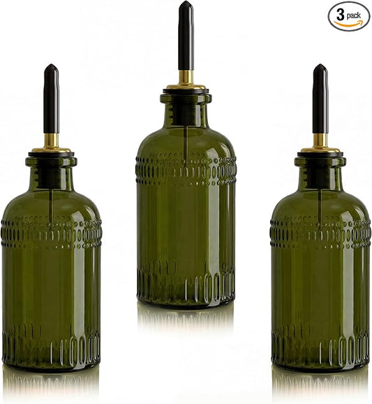 3 Pack Olive Oil Dispenser 7oz, Olive Green Glass Bottle with Metal Spout and Lid, Vinegar Cruet Kitchen Small Oil for Cooking, Salad, Baking (Elegant) by Yiyiring