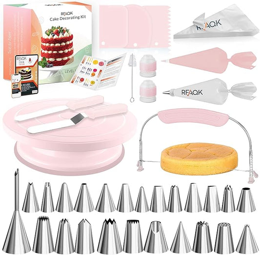 RFAQK 90PCs Cake Decorating Kit with Leveler, Baking Supplies Gift Includes Cake Stand Turntable, 24 Numbered Icing Tips, 55+1 Piping Bags, 2 Frosting Spatulas, 3 Scrappers, Video Course & Booklet by RFAQK