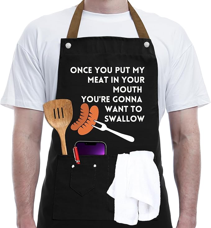 Gift Ideas For Her Him - Birthday Gifts For Men, Dad, Husband, Boyfriend, Brother - Funny BBQ Apron for Men with Pockets, Dad Gifts from Daughter, Son - Cooking Gifts, BBQ Gifts, Grill Apron