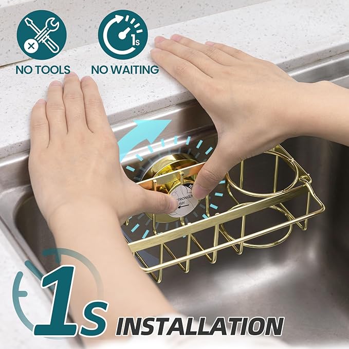 TAILI 4-in-1 Sink Caddy with Strong Suction Cup, Sponge Holder for Kitchen Sink Organizer, Removable, Rustproof, Stainless Steel Holder for Sponge, Brush, Scrubber, Scraper - Gold - Image 2