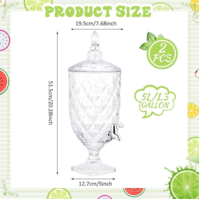 Bokon 2 Pieces Drink Dispensers for Parties Crystal Iced Beverage Dispenser with Stand and Spigot, Glass Liquid Containers Wide Mouth Beverage Server for Juice Tea Wedding(Delicate) - Image 2