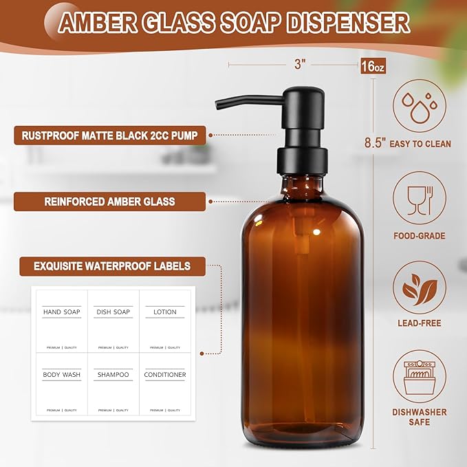 Kitchen Soap Dispenser Set with Wood Riser Tray, Amber Glass Soap Dispenser with Stainless Steel Pump, Hand and Dish Soap Dispenser Set for Kitchen, Soap and Lotion Dispenser Bathroom Decor(Amber) - Image 3