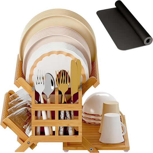Greenual Bamboo Dish Drying Rack with Utensil Holder, 3 Tier Collapsible Dish Rack, Wooden Dish Racks for Kitchen Counter, Large Folding Drying Holder with Absorbent Dish Drying Mat by Greenual