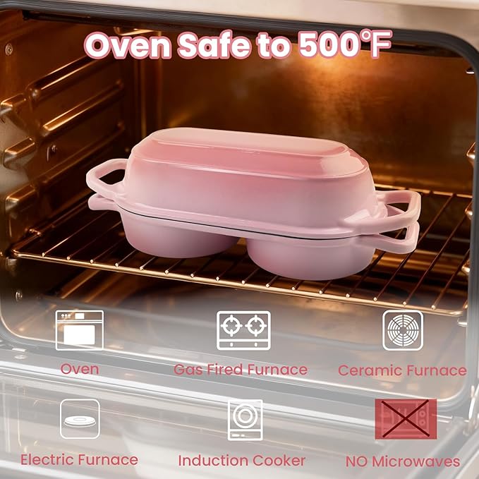 YONILL Mini Double Dutch Oven for Sourdough Bread Baking - Enameled Cast Iron Dutch Oven Pot with Lid and 5" Banneton Bread Proofing Basket Kit, Dual Round Bread Loaf Pan for Homemade Baking (Pink) - Image 6