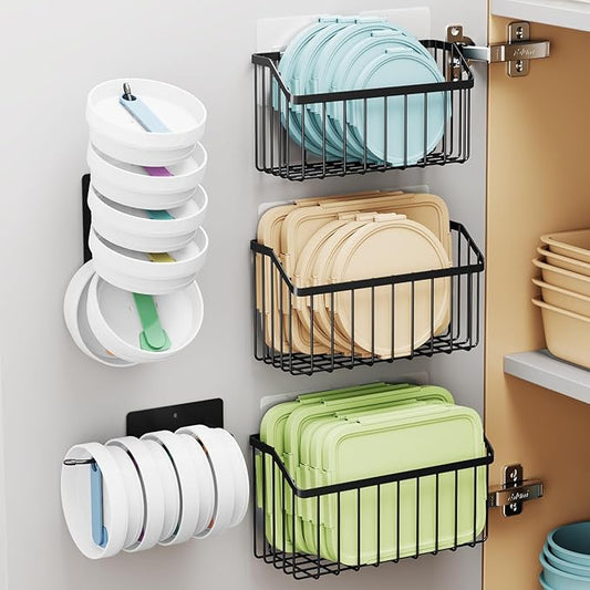 NiHome 5PCS Cabinet Door Lid Organizers Holders for Food Storage Container Lids Tupperware Tumblers Canning Lids, 3 Sizes Rustproof Metal Baskets for Spices, Toiletries, Under Sink or RV Storage