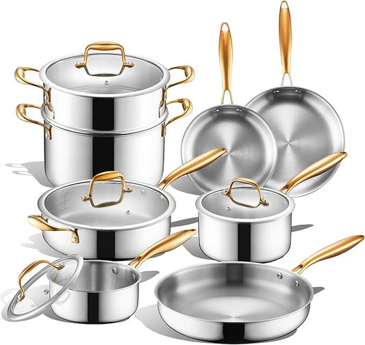 Triple Ply Stainless Steel Pots and Pans Set, EWFEN 12 Piece Induction Cookware Set, Oven Dishwasher Safe | Frying Pans, Saucepans, Saute Pan & Stock Pot, PFOA Free Kitchen Skillet, Gold by EWFEN