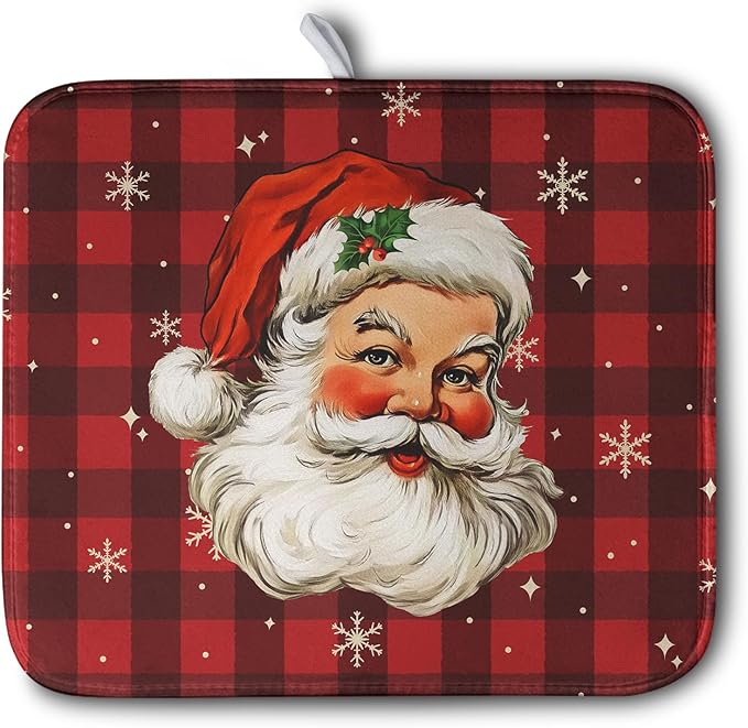 Santa Claus Christmas Dish Drying Mat Xmas Red and Black Buffalo Plaid Snowflake Drying Mats Winter Holiday Dishes Drying Pad Microfiber Absorbent Dish Drainer Rack Mat 16x18 Inch by Kwlegh