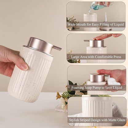 BosilunLife Foam Hand Soap Dispenser - Ceramic Foaming Soap Dispenser for Bathroom 12oz Refillable Liquid Lotion Soap Dispenser with Rust-Proof Foaming Pump for Countertop