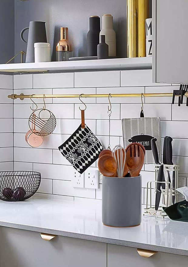 Nucookery Utensil Holder, 6.4" Ceramic Kitchen Utensil Holder for Countertop with Protection Cork Bottom, Vintage Farmhouse Kitchen Decor for Counter (Gray) - Image 7