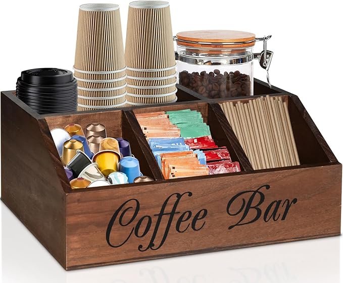 ugiftt Coffee Station Organizer for Counter, Wood Coffee Pods Holder Storage Basket, Tea Condiment Storage Organizer, Rustic Coffe Bar Decor for Accessories by ugiftt