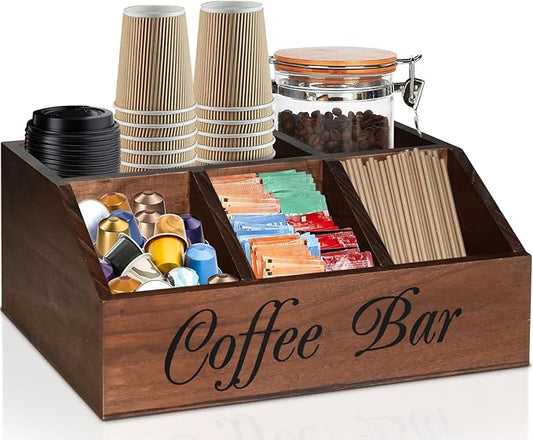 ugiftt Coffee Station Organizer for Counter, Wood Coffee Pods Holder Storage Basket, Tea Condiment Storage Organizer, Rustic Coffe Bar Decor for Accessories by ugiftt