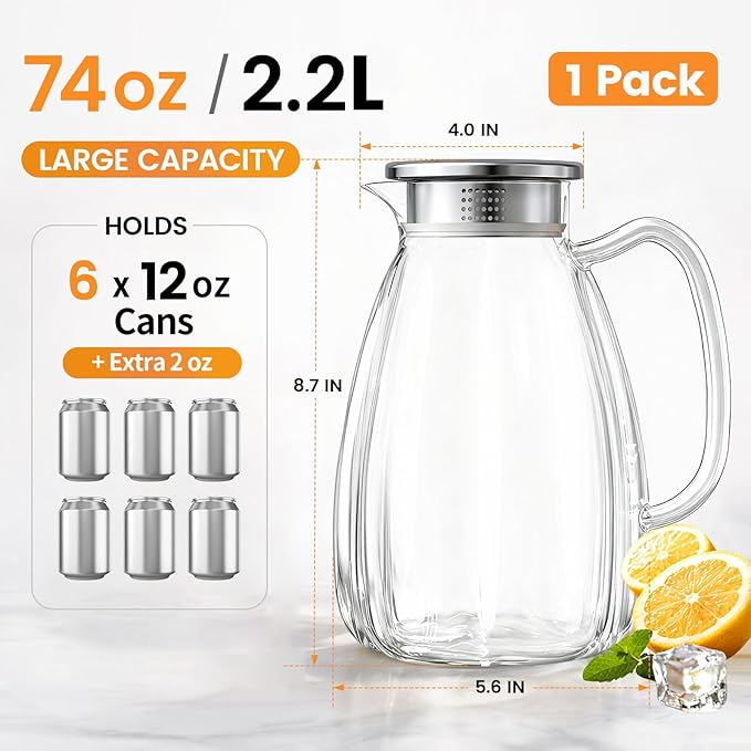 Glass Pitcher with Lid and Handle, 2.2L (74 oz) Borosilicate Glass Water Carafe, Stainless Steel Dual-Filter Lid, Heat Resistant for Hot/Cold Beverages – Iced Tea, Coffee, Juice, Cold Brew - Image 2