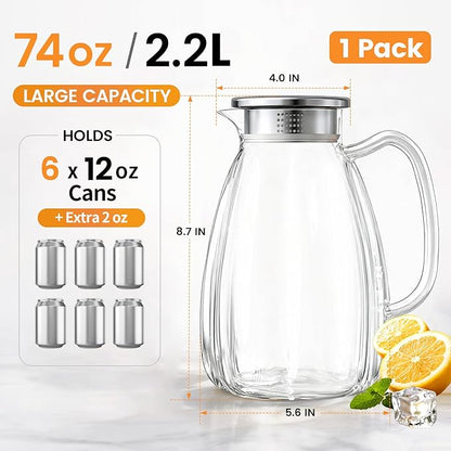 Glass Pitcher with Lid and Handle, 2.2L (74 oz) Borosilicate Glass Water Carafe, Stainless Steel Dual-Filter Lid, Heat Resistant for Hot/Cold Beverages – Iced Tea, Coffee, Juice, Cold Brew - Image 2