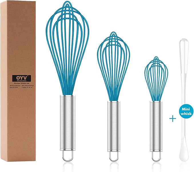 OYV Silicone Whisk,Heat Resistant 480°F Whisks For Cooking Non Scratch,Stainless Steel wired wisk,Plastic Rubber Whisk Tool For Nonstick Cookware Pans,Silicon Wisks Set of 4,Blue by OYV