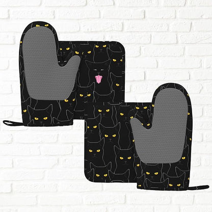 Fun Black Cat Oven Mitts and Pot Holders Set of 4 Silicone Heat Resistant Oven Mitten Potholders Non Slip Gloves Kitchen Decor for BBQ Cooking Grilling Baking