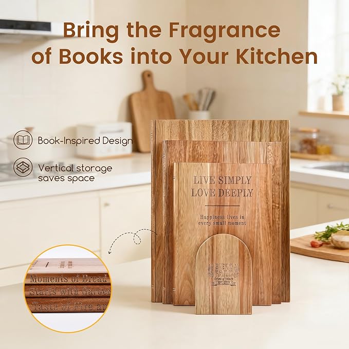 Book cutting board Set of 3, Acacia Wood Chopping Board with Stand, Charcuterie Kitchen Boards with Book‑Style Design for Cheese, Meat and Vegetables