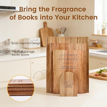 Book cutting board Set of 3, Acacia Wood Chopping Board with Stand, Charcuterie Kitchen Boards with Book‑Style Design for Cheese, Meat and Vegetables