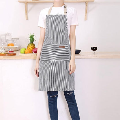 Tosewever 2 Pieces Kitchen Cooking Aprons, Cotton Polyester Blend Adjustable Bib Aprons with 2 Pockets for Women Men Chef Chef (Navy/Black Stripes, 2)