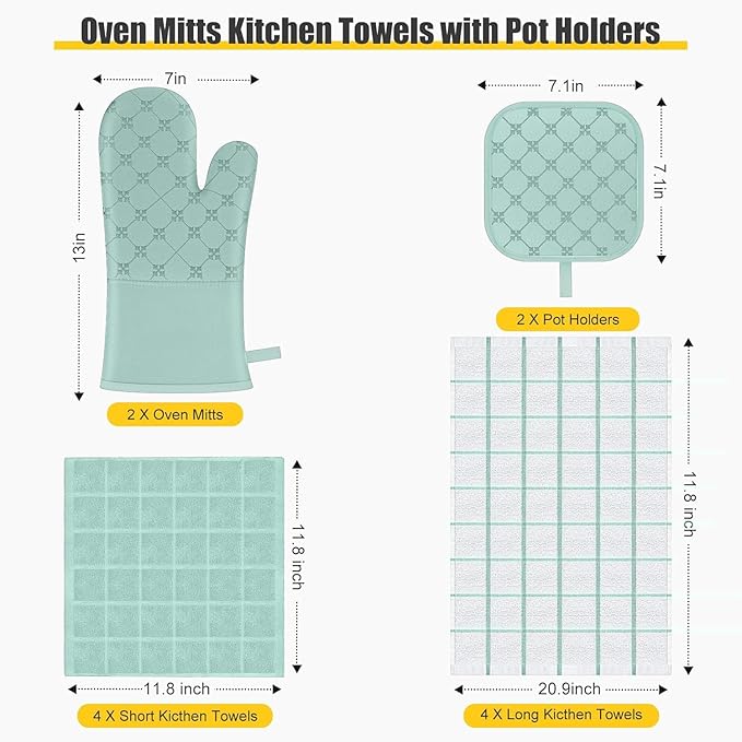 Oven Mitts Kitchen Towels Dishcloths with Pot Holders Sets 12PCS,Dish Towels Sets,Oven Gloves Pot Pads Heat Resistant 500 Degrees with Non-Slip Silicone Surface for Cooking Baking Grilling-Mint Green - Image 2