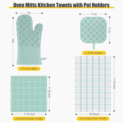 Oven Mitts Kitchen Towels Dishcloths with Pot Holders Sets 12PCS,Dish Towels Sets,Oven Gloves Pot Pads Heat Resistant 500 Degrees with Non-Slip Silicone Surface for Cooking Baking Grilling-Mint Green - Image 2