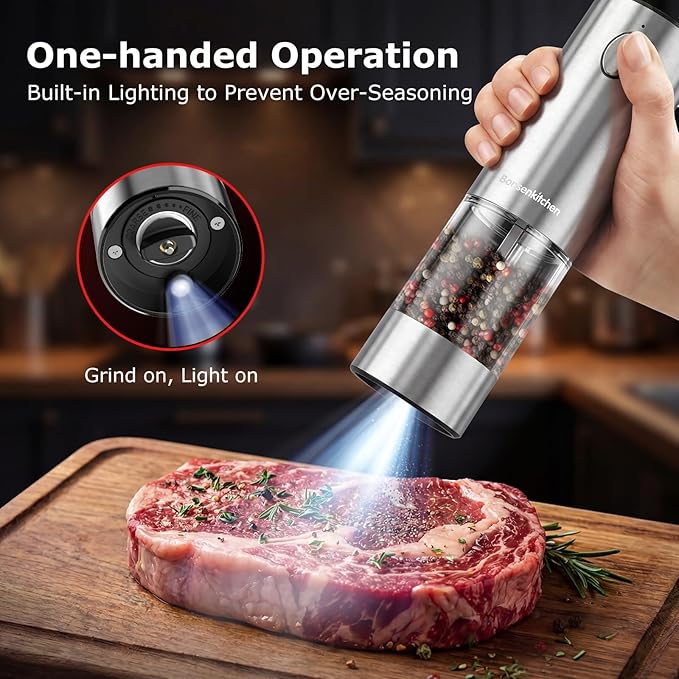 Bonsenkitchen Electric Salt and Pepper Grinder Set Rechargeable, 95ml Large Capacity Salt Shaker with LED Light, USB-C Fast Charging Automatic Pepper Mill with 5 Adjustable Coarseness for Kitchen, BBQ - Image 2
