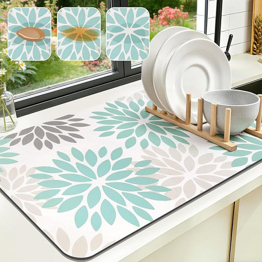 Findosom Floral Dish Drying Mat, 12" x 20" Super Absorbent & Hide Stain Coffee Mat, Cuttable Drying Mat for Kitchen Counter, Under Dish Rack, Coffee Maker, Espresso Machine, Teal