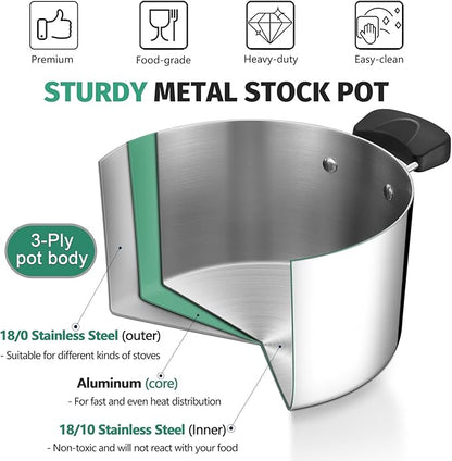 P&P CHEF 6 Qt Stockpot with Lid, Stainless Steel Cooking Stock Pot for Soup, Heat-Proof Double Handles with Visible Lid, Dishwasher Safe & Healthy, 3-Ply Metal