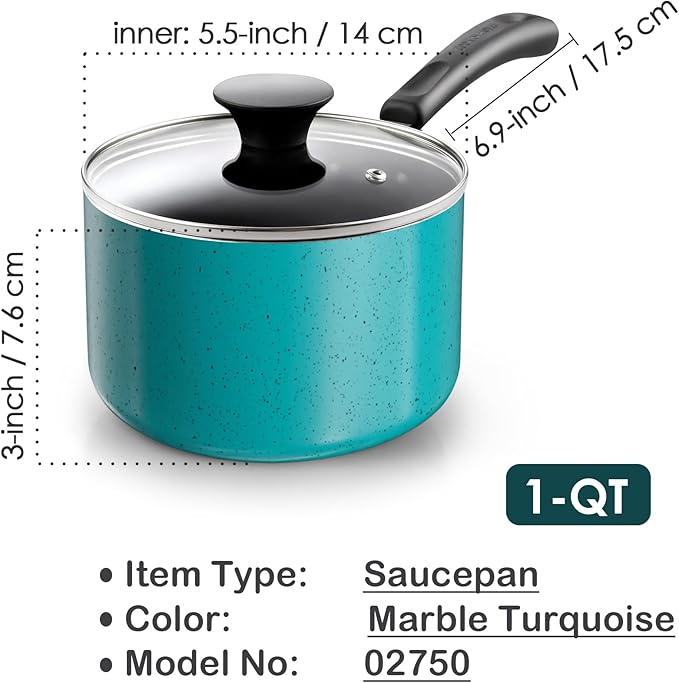 Cook N Home Non Stick Sauce Pan, 1 Quart Saucepan with Glass Lid, Nonstick Small Multi-purpose Pot, Milk Chocolate Aluminum Cooking Pot Pan with Stay-Cool Handle, Turquoise - Image 2
