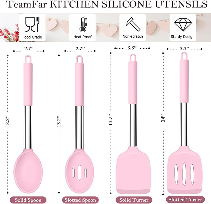 TeamFar Kitchen Utensils, 4 PCS Silicone Cooking Utensils Spatula Spoon Set with Stainless Steel Handle, for Frying Mixing Draining Turning, Healthy & Heat-proof, Non-stick & Dishwasher Safe - Pink - Image 2