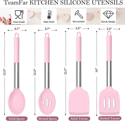 TeamFar Kitchen Utensils, 4 PCS Silicone Cooking Utensils Spatula Spoon Set with Stainless Steel Handle, for Frying Mixing Draining Turning, Healthy & Heat-proof, Non-stick & Dishwasher Safe - Pink - Image 2