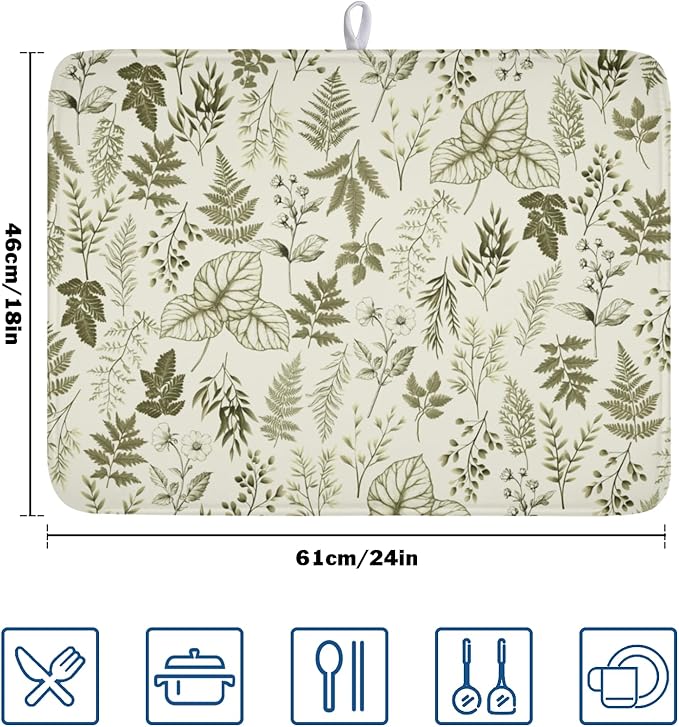 Vintage Botanical Floral Dish Drying Mat for Kitchen Counter Sage Green Herbs Fern Leaves Plant Microfiber Dish Drainer Mat Absorbent Washable Drying Pad Extra Large 18"x24"