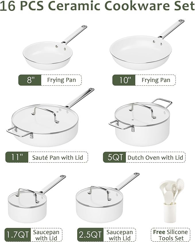 Ceramic Cookware Set - Nonstick Kitchen Pots and Pans Set, Induction Cookware Sets with Cooking Utensils Set, Non Toxic Cookware Set, Non Stick Pan Set for Cooking Pot, Oven & Dishwasher Safe, Gift - Image 2