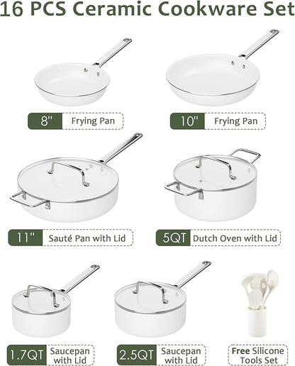 Ceramic Cookware Set - Nonstick Kitchen Pots and Pans Set, Induction Cookware Sets with Cooking Utensils Set, Non Toxic Cookware Set, Non Stick Pan Set for Cooking Pot, Oven & Dishwasher Safe, Gift - Image 2