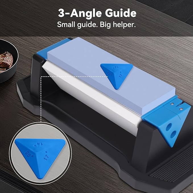 Knife Sharpening Stone,tri stone knife sharpener,3 Sides Grit 400/1000/5000,Whetstone Knife Sharpener with Non-Slip Base, Angle Guide & Leather Strop, for Kitchen Knives and Pocket Knives - Image 8