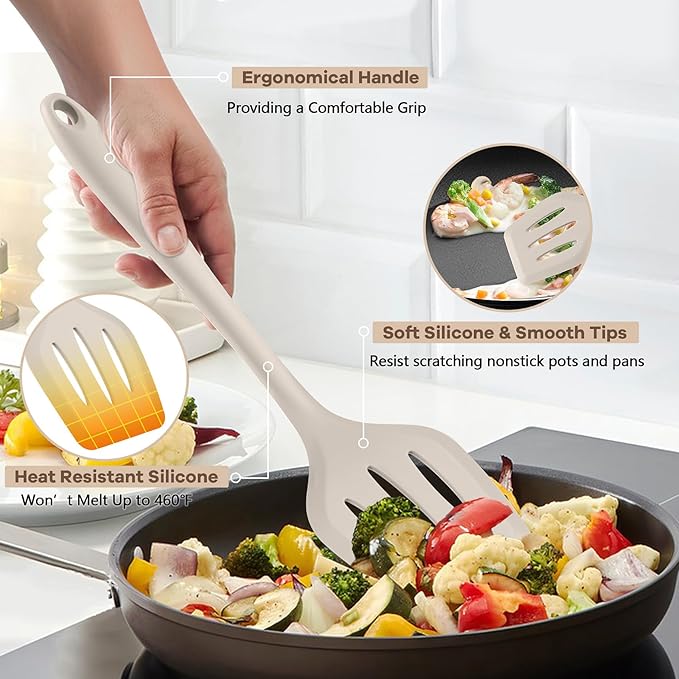 TeamFar Kitchen Cooking Utensils, 10 pcs Silicone Cooking Utensils Set, 446°F Heat Resistant Kitchen Gadgets Tools Set w/Spatula, Turners, Spoons, Soup Ladle, Pasta Server for Nonstick Cookware, Khaki - Image 3