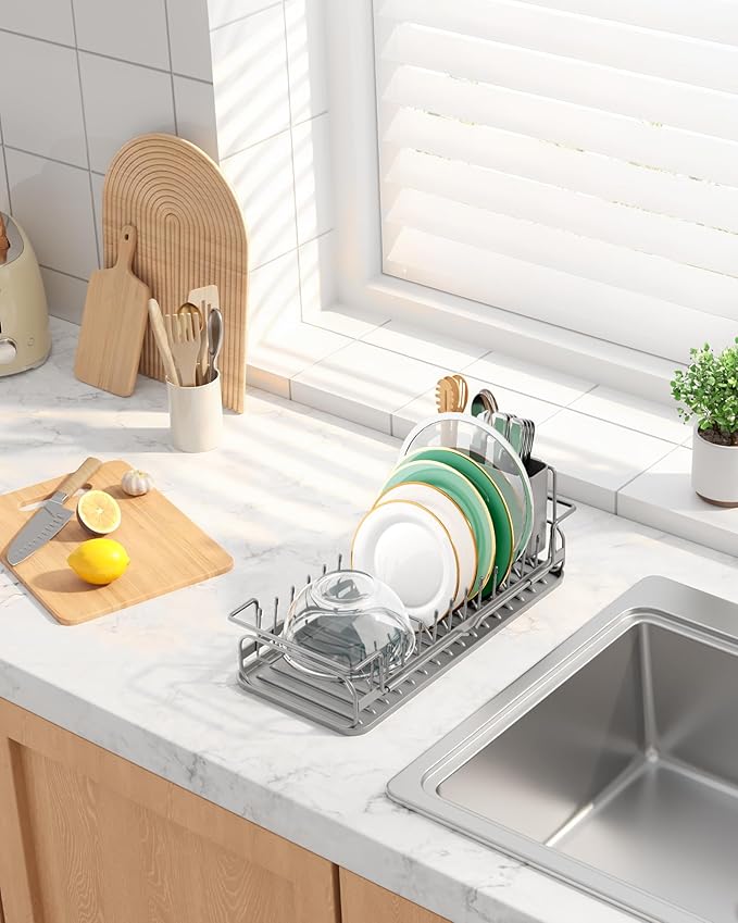 Kitsure Dish Drying Rack - Expandable Dish Rack for Kitchen Counter, Over Sink Or in Sink, Space-Saving Plates Dryer with Cutlery Holder & Drip Tray, 14.0"-20.9" L x 6.3" W x 8.0" H, Grey - Image 3