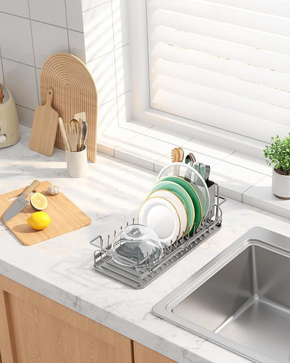 Kitsure Dish Drying Rack - Expandable Dish Rack for Kitchen Counter, Over Sink Or in Sink, Space-Saving Plates Dryer with Cutlery Holder & Drip Tray, 14.0"-20.9" L x 6.3" W x 8.0" H, Grey - Image 3