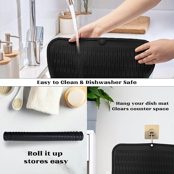 ZLR Large Silicone Dish Drying Mat (16" x 18") - XL Heavy Duty Drainboard Mat for Pots, Pans & Family Loads - Heat Resistant Trivet & Counter Protector, Easy Clean (Black) - Image 4
