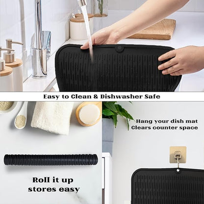 ZLR Large Silicone Dish Drying Mat (16" x 18") - XL Heavy Duty Drainboard Mat for Pots, Pans & Family Loads - Heat Resistant Trivet & Counter Protector, Easy Clean (Black) - Image 4