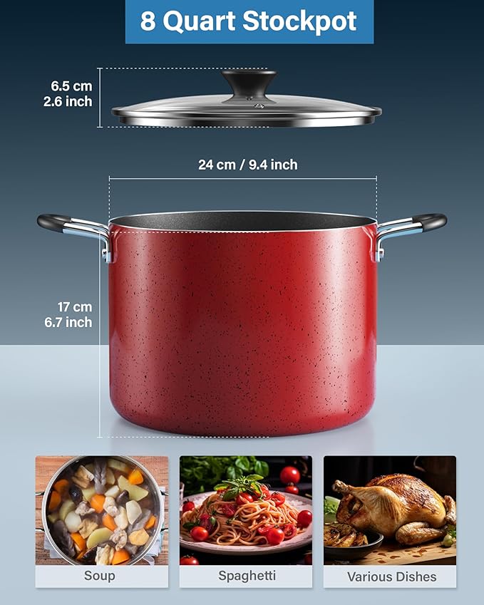 Cook N Home Nonstick Stockpot with Lid 8-Quarts, Professional Cooking Soup Pot, Canning Cookware, Marble Red - Image 2