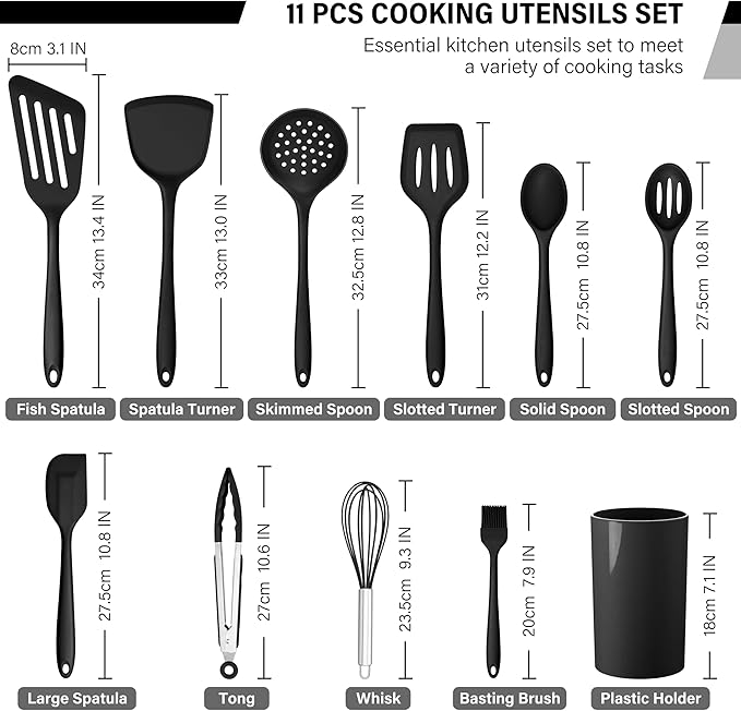 HaWare 11 PCS Silicone Cooking Utensils Set, Heat Resistant Kitchen Utensils with Holder, Food-grade Spatula Sets for Nonstick Cookware, Kitchen Tools Gadgets Include Fish Turner, Spoon (Black) - Image 2