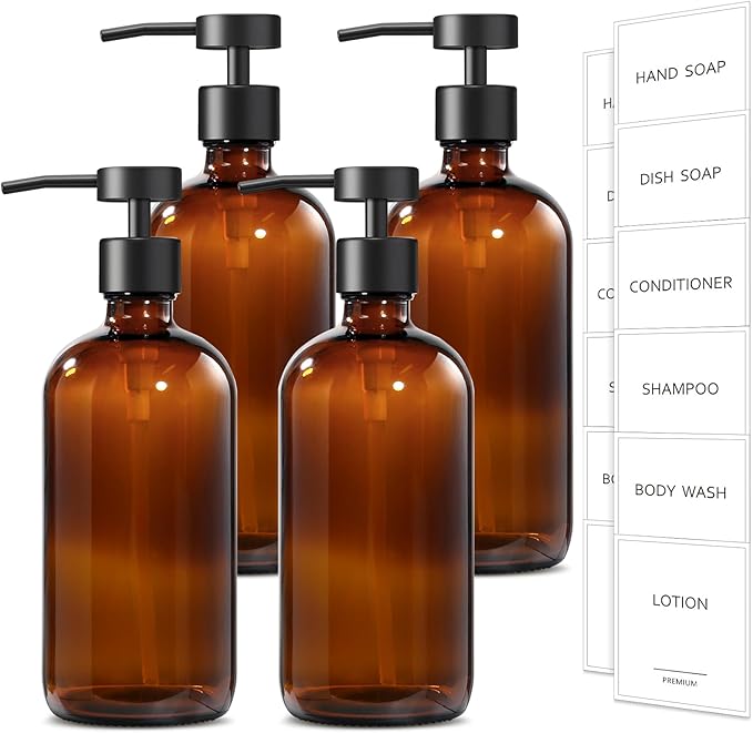 GMISUN Amber Glass Soap Dispenser, 4 Pack Bathroom Hand Soap Dispensers with Stainless Steel Flat Pump, 17 Fl Oz Kitchen Dish Soap Dispenser, Modern Vintage Liquid Brown Soap Dispensers Bottle Set by GMISUN
