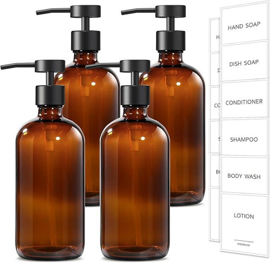 GMISUN Amber Glass Soap Dispenser, 4 Pack Bathroom Hand Soap Dispensers with Stainless Steel Flat Pump, 17 Fl Oz Kitchen Dish Soap Dispenser, Modern Vintage Liquid Brown Soap Dispensers Bottle Set by GMISUN