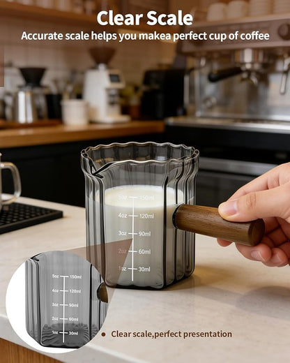 Espresso Measuring Cup 5 Oz, Espresso Glass Cups with Wood Handle, Milk Frothing Cup, Espresso Cup for Coffee, Milk, Tea or Maple Syrup Serving (Gray, 5 oz)